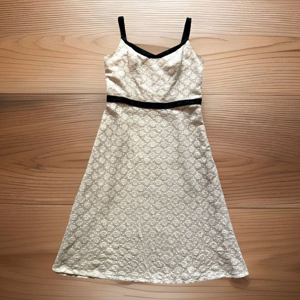 Ann Taylor Loft Size 8 Ivory Cream Lace Midi Dress Lined Black Trim Sundress